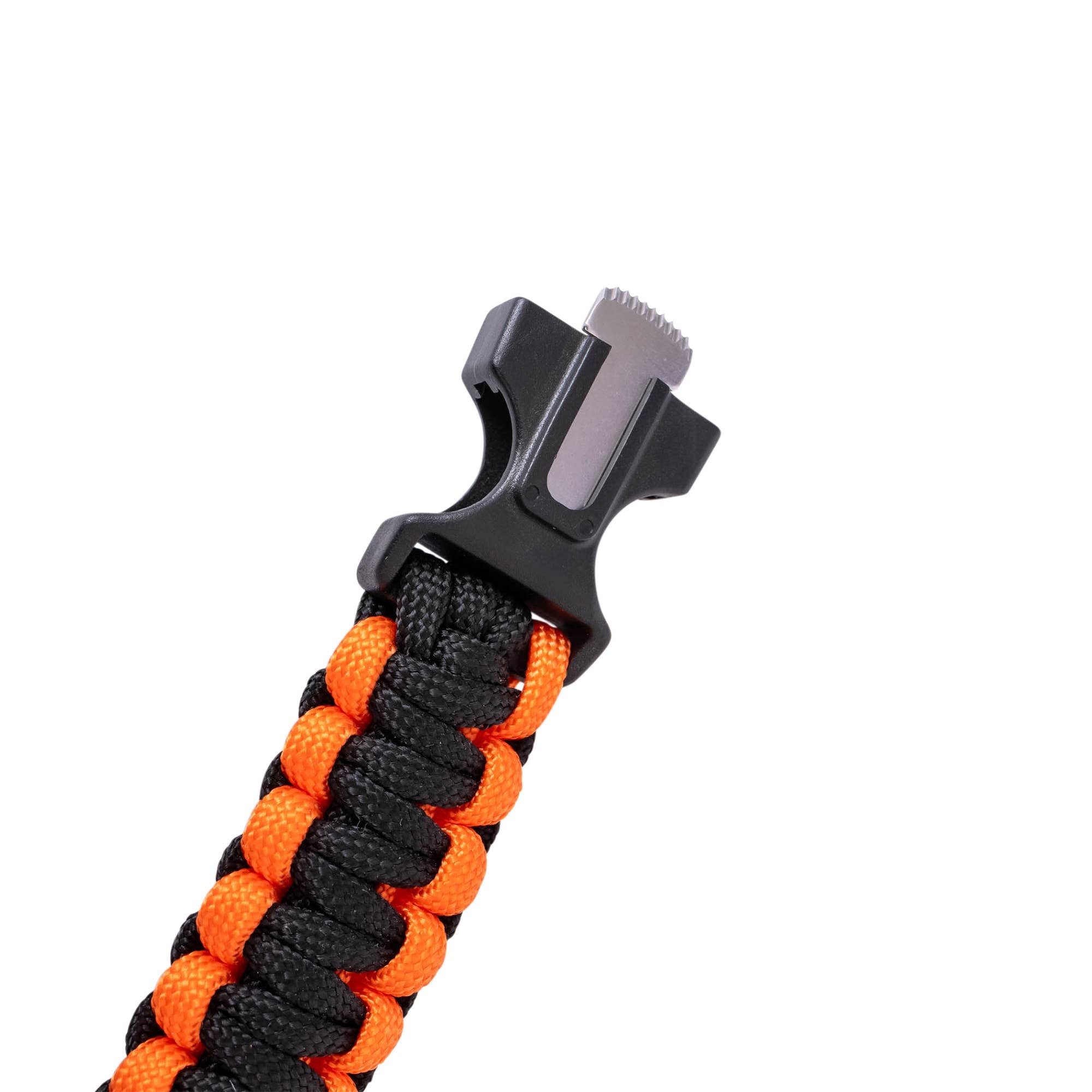 Black and orange paracord bracelet with a metal clasp