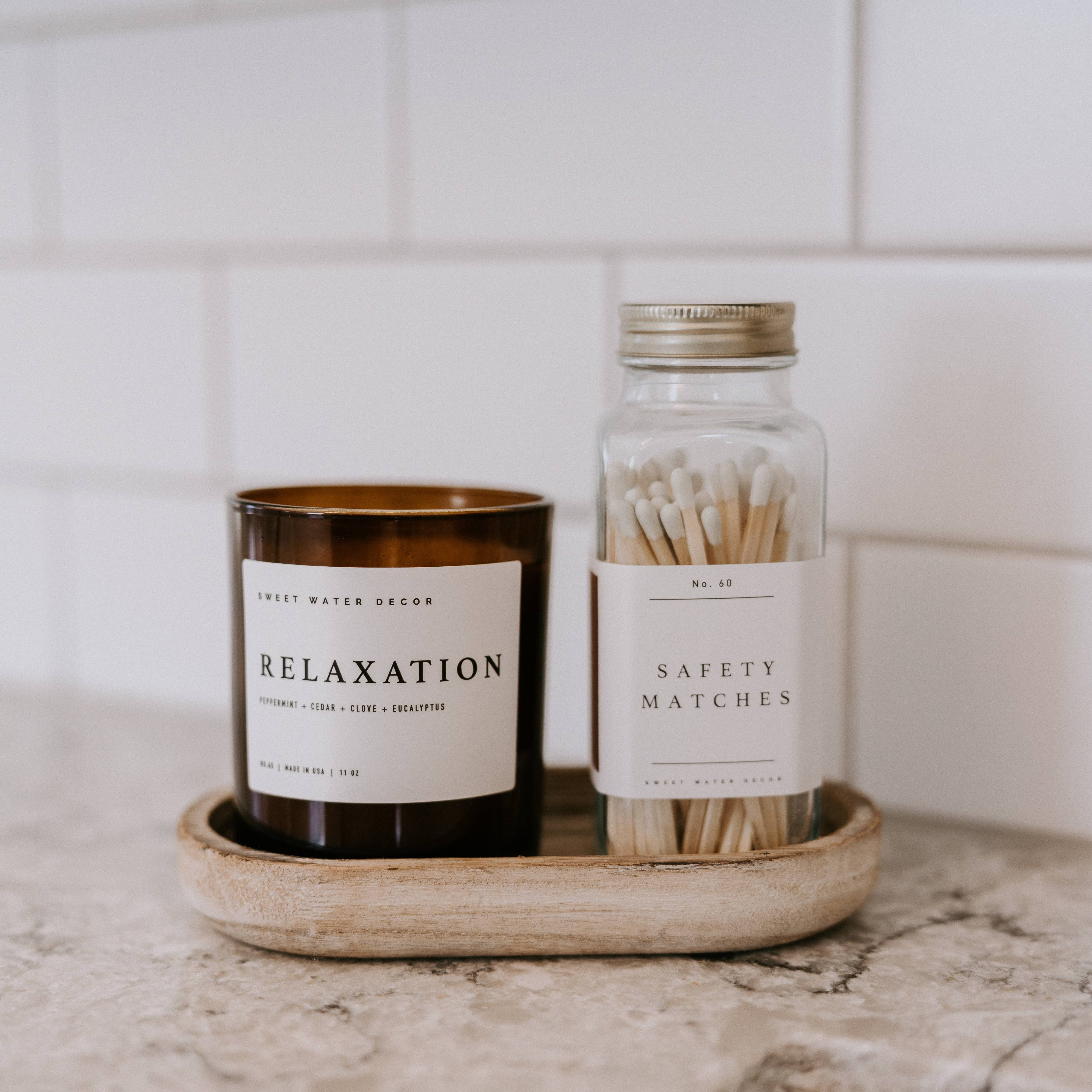 Glass jar of white tip safety matches close-up