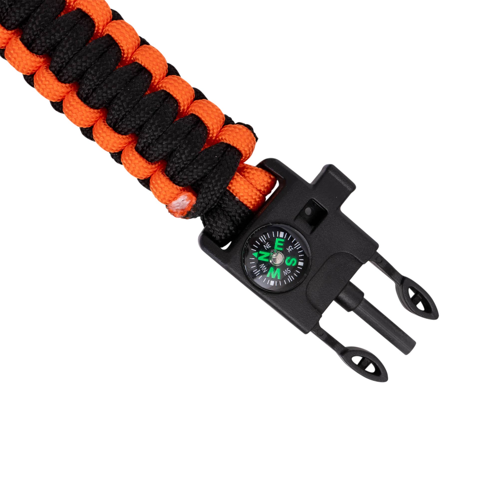 Paracord bracelet with black and orange pattern and attached compass