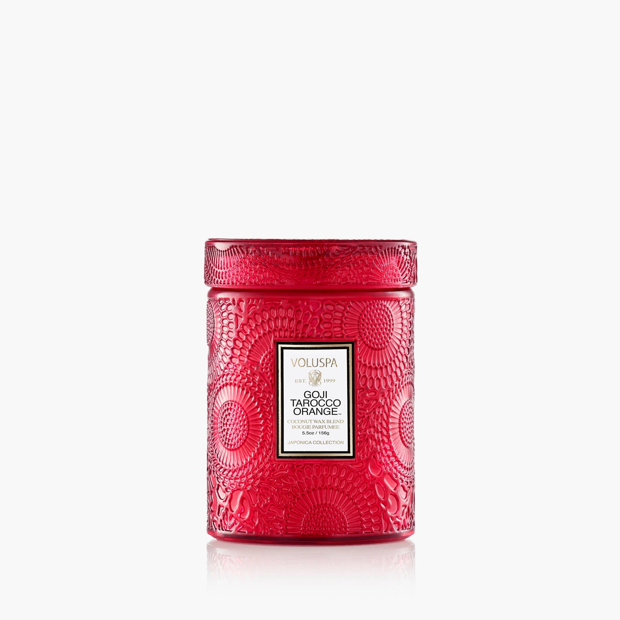 Voluspa Goji Tarocco Orange 5.5oz Small Jar Candle in embossed glass jar with lid