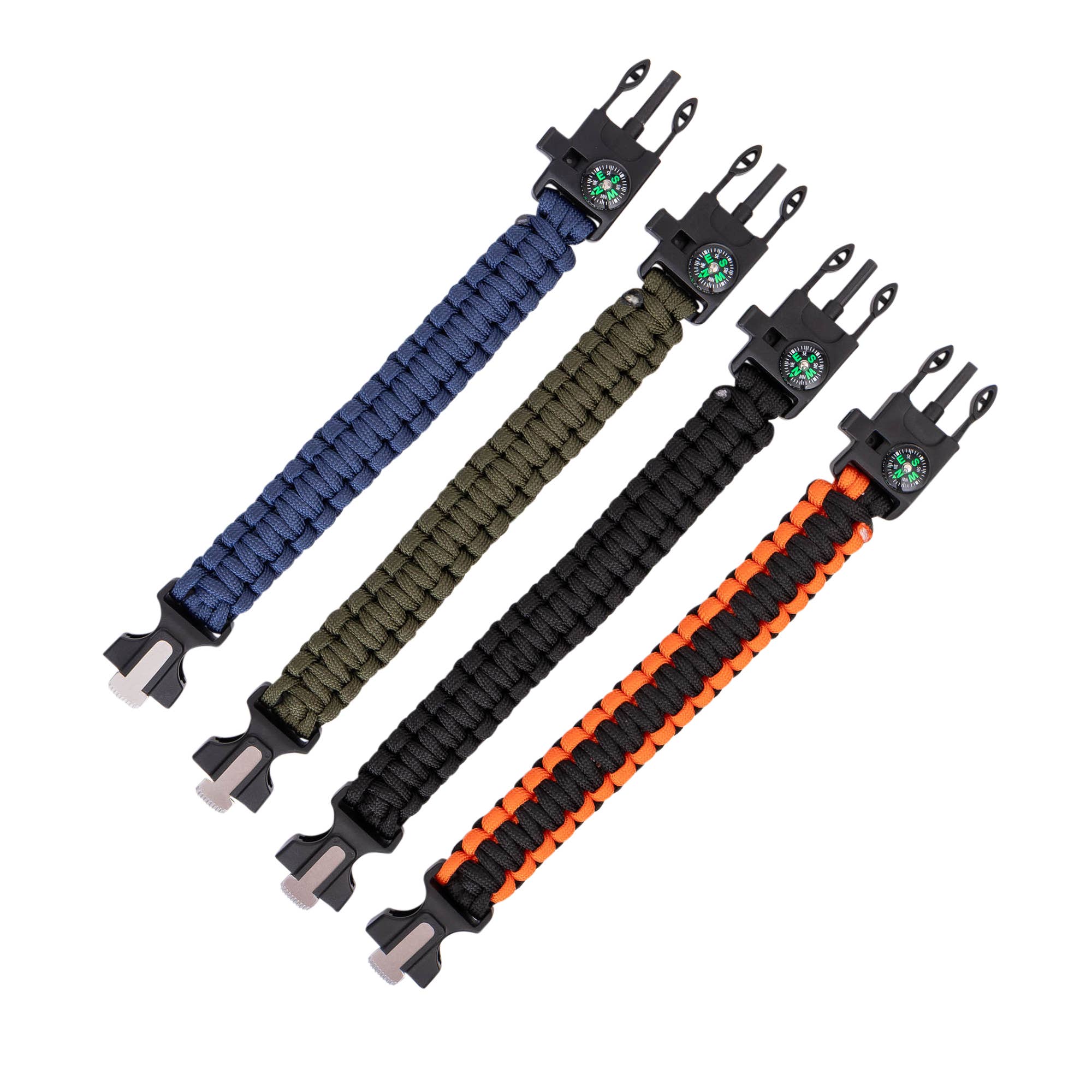 Four paracord bracelets in blue, green, black, and orange on a white background