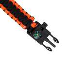 Paracord bracelet with black and orange pattern and attached compass