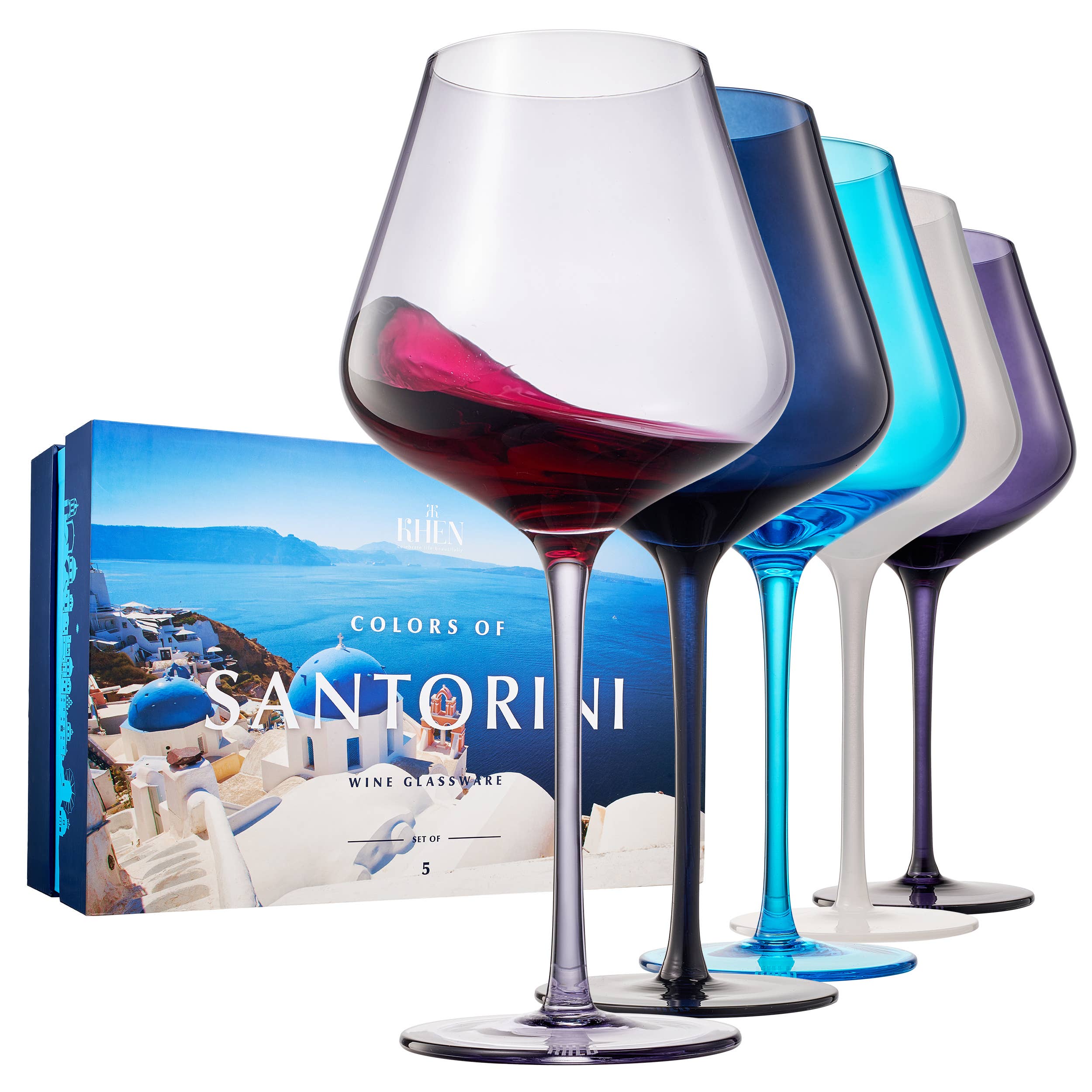 Colors of Santorini 5-set wine glassware in Greek island colors by The Wine Savant