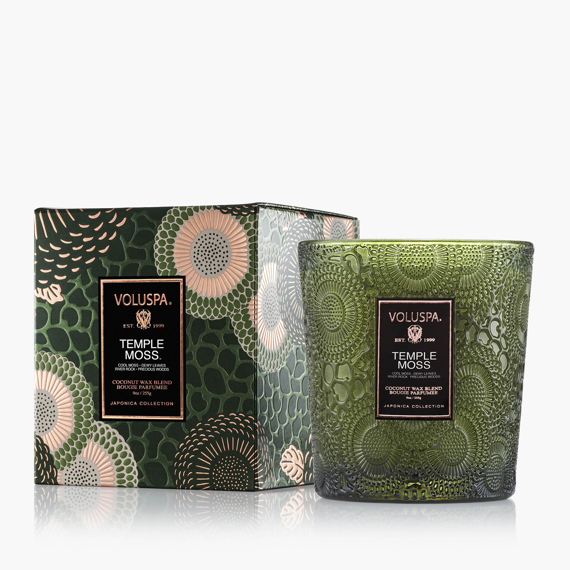 Voluspa Temple Moss 9oz Classic Candle in embossed glass jar with lid