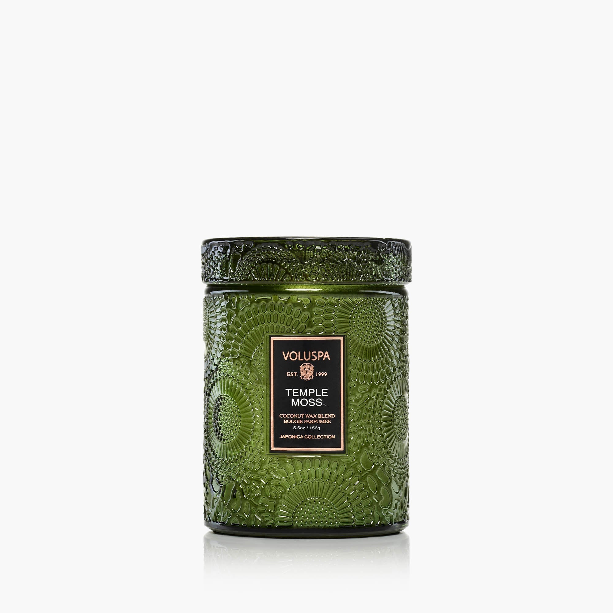 Voluspa Temple Moss 5.5oz Small Jar Candle in embossed glass jar with lid