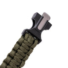 Paracord bracelet with a black buckle and silver tool 