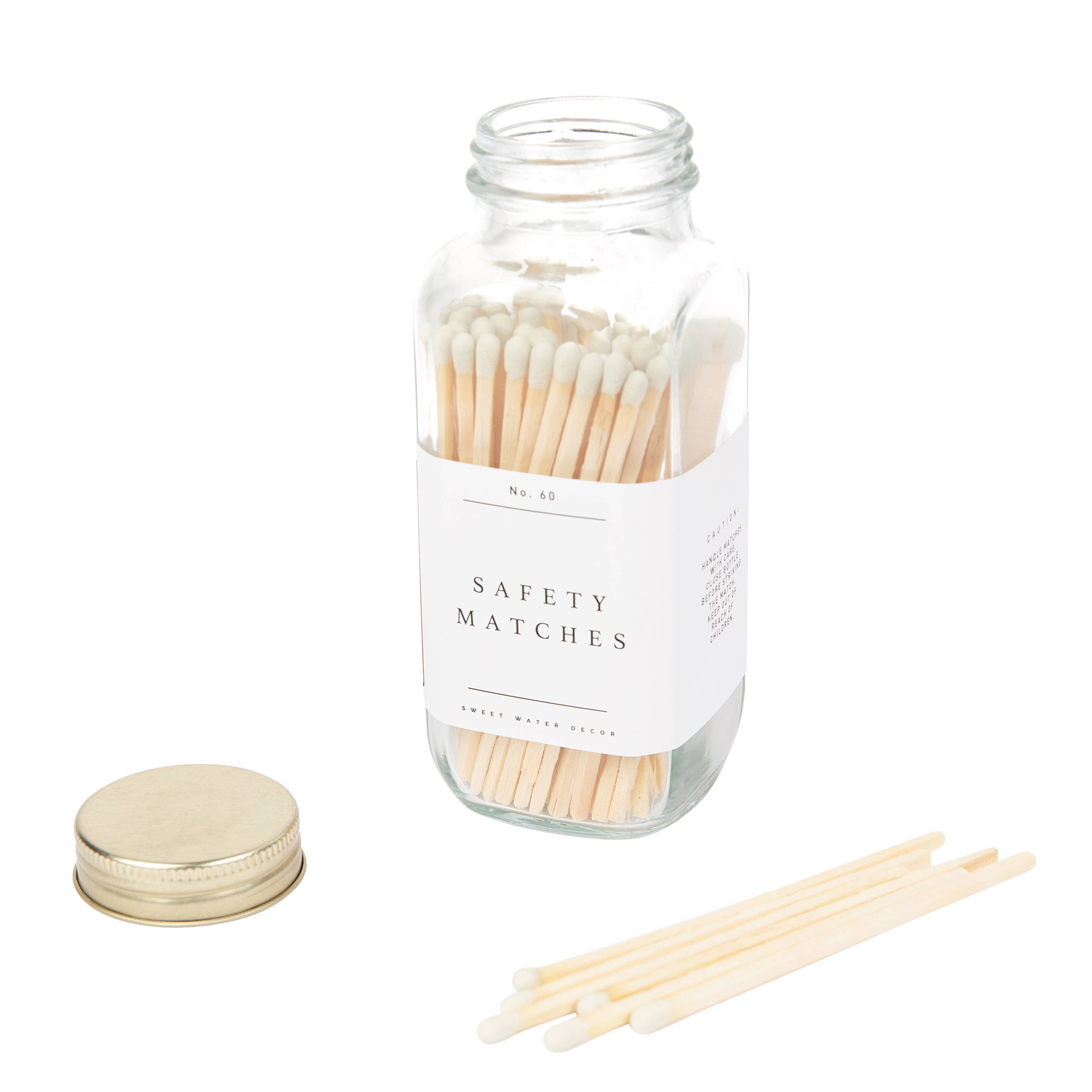 Sweet Water Decor White Tip safety matches in clear glass apothecary jar with strike pad